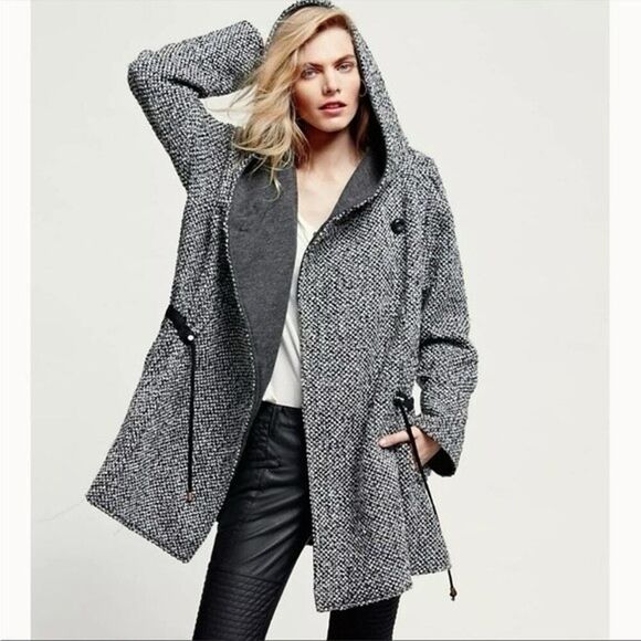 Free People Satellite Image Swing Coat Tweed Hooded Black White Women Medium - Picture 1 of 12